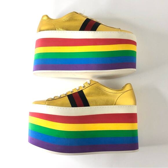 Gucci Peggy Rainbow Stripe Metallic Gold Platform Sneakers 39 - Picture 8 of 12